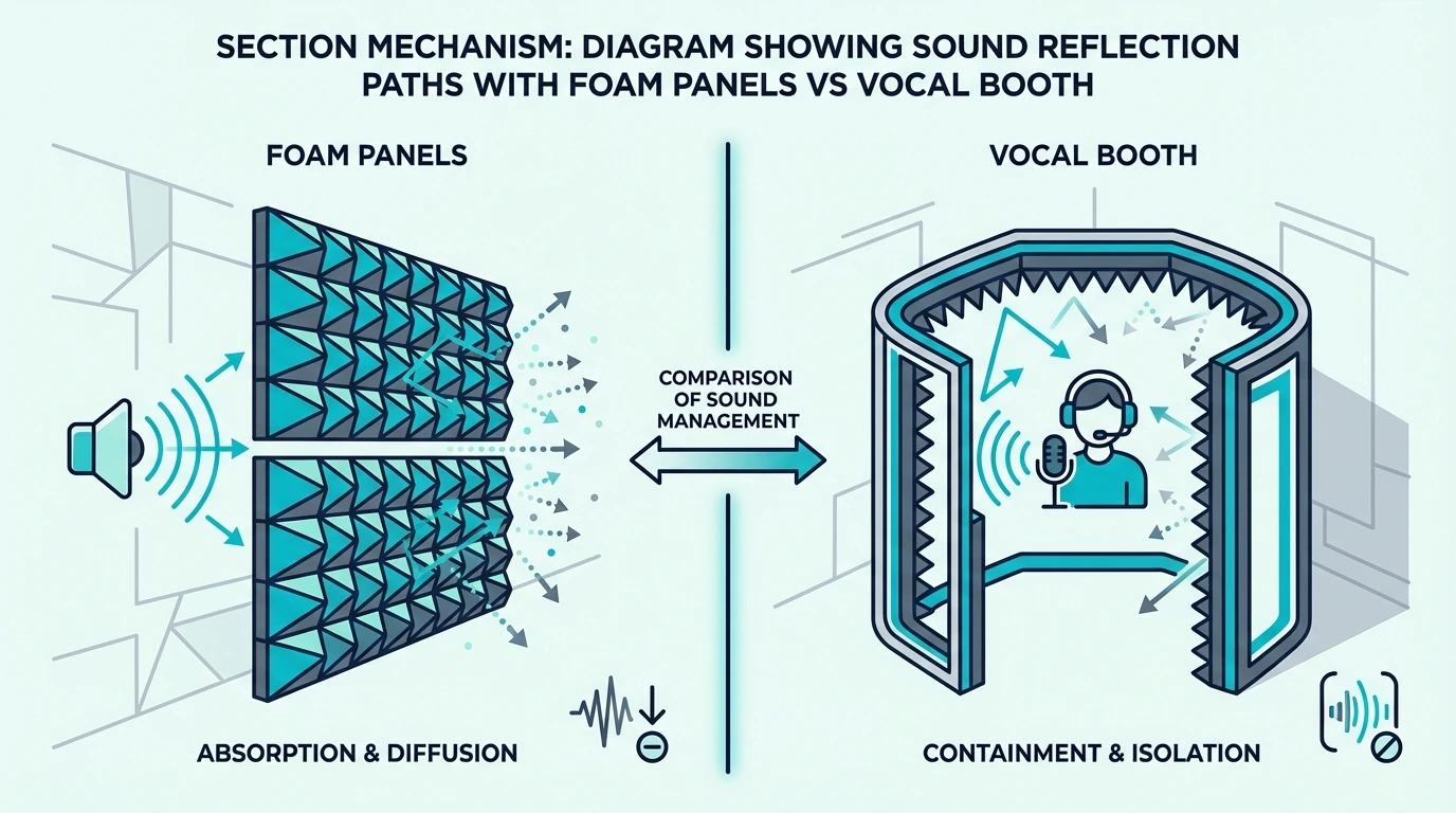 Diagram comparing sound reflection paths with foam panels and a vocal booth