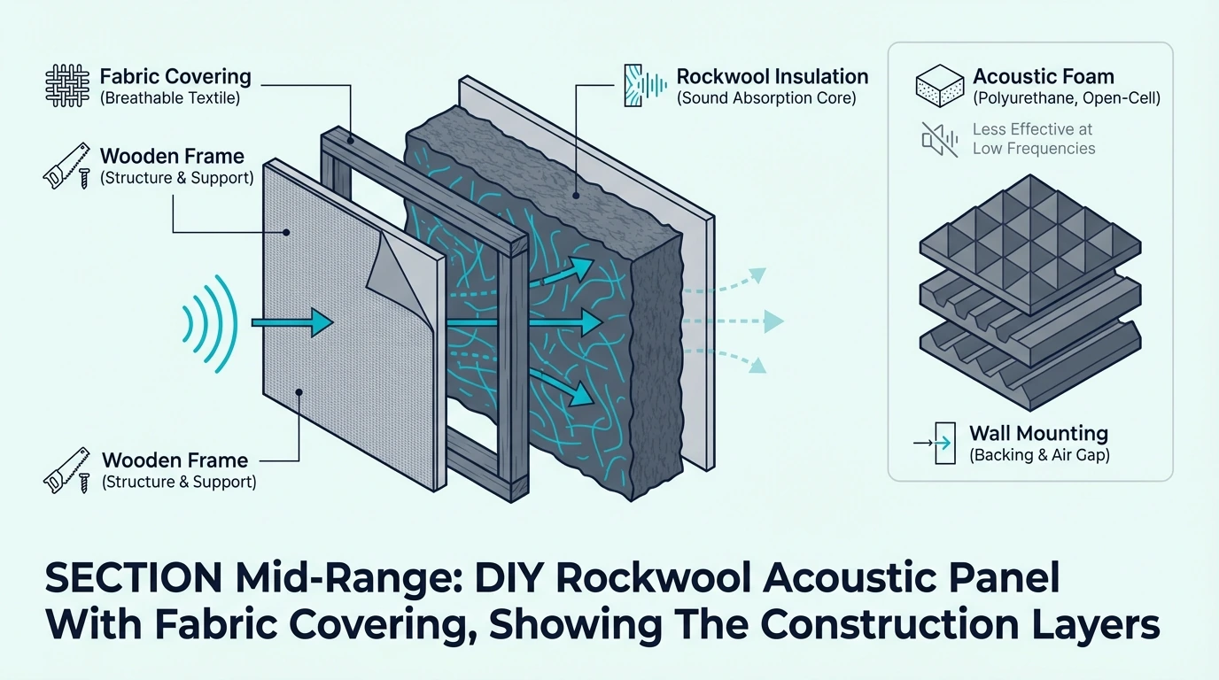 Mid range diy rockwool acoustic panel with fabric covering showing the construction layers