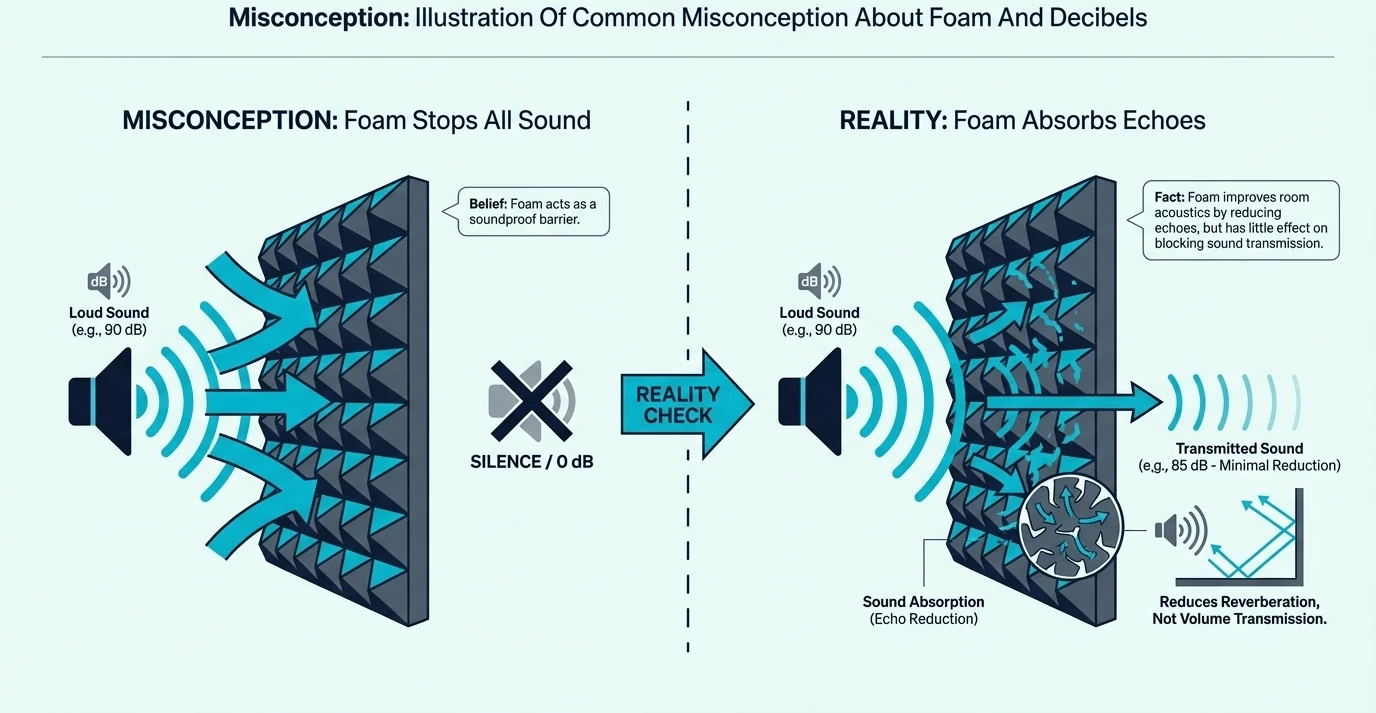 Misconception illustration of common misconception about foam and decibels