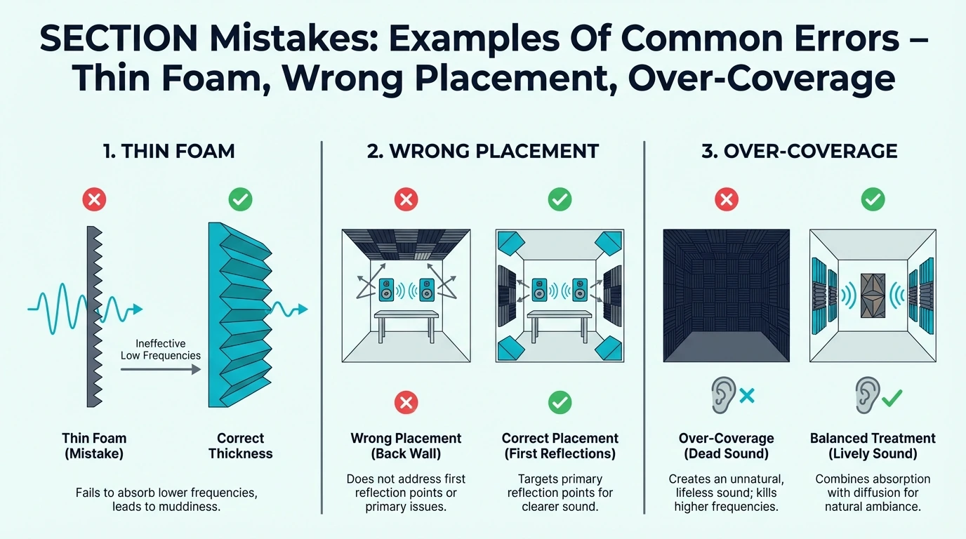 Common beginner acoustic foam mistakes including thin foam and poor placement
