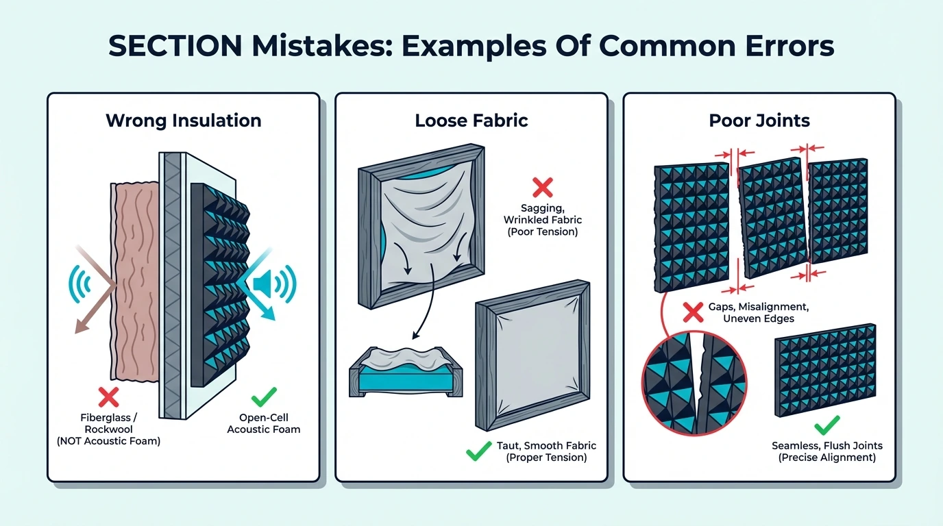 Common DIY acoustic panel mistakes including loose fabric and poor joints