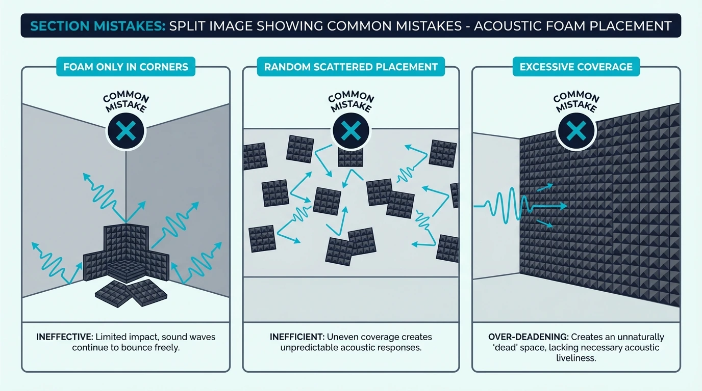 Common acoustic foam mistakes including corner-only and random panel placement