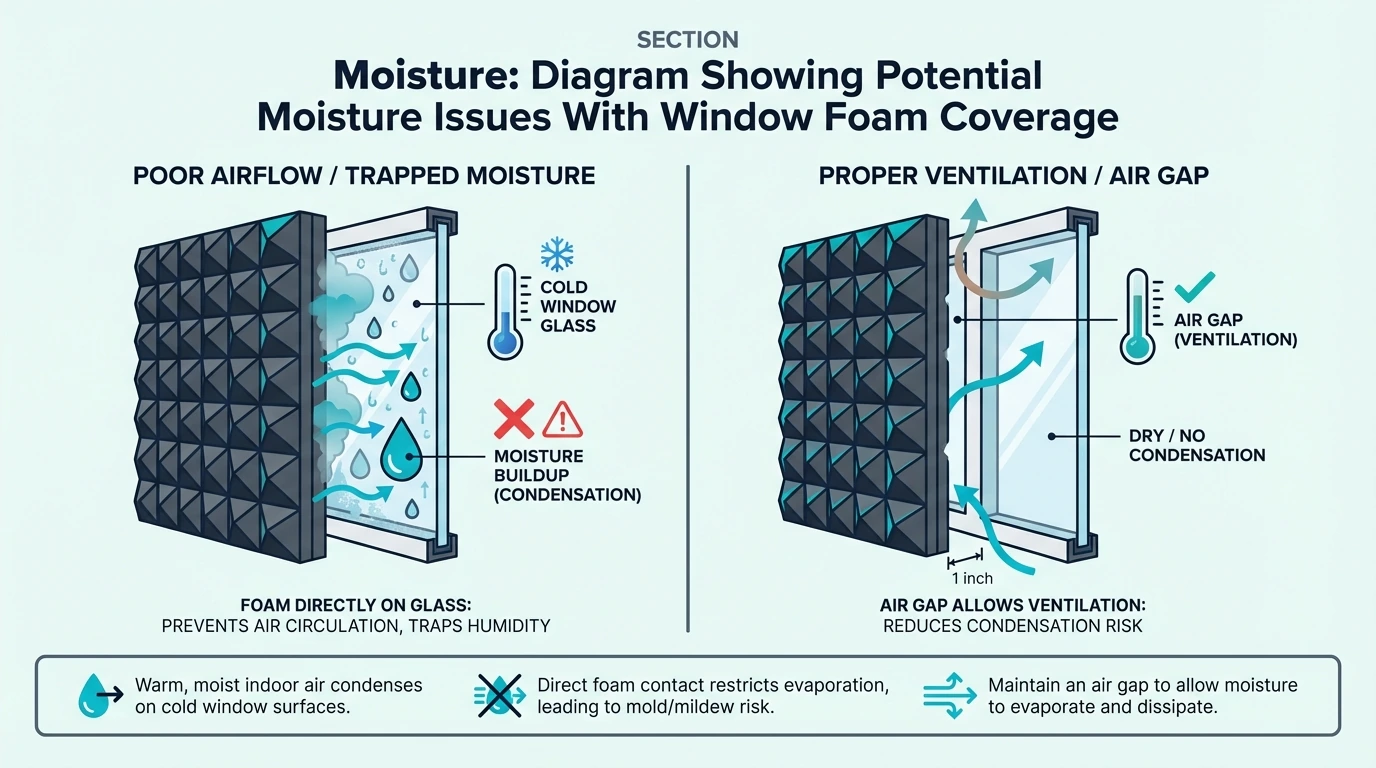 Diagram showing moisture risks from foam covering a window