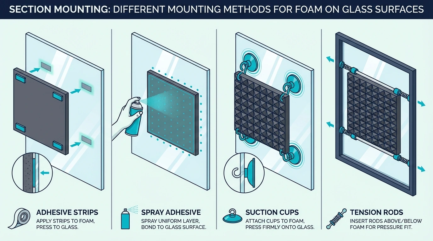 Mounting methods for attaching acoustic foam to glass