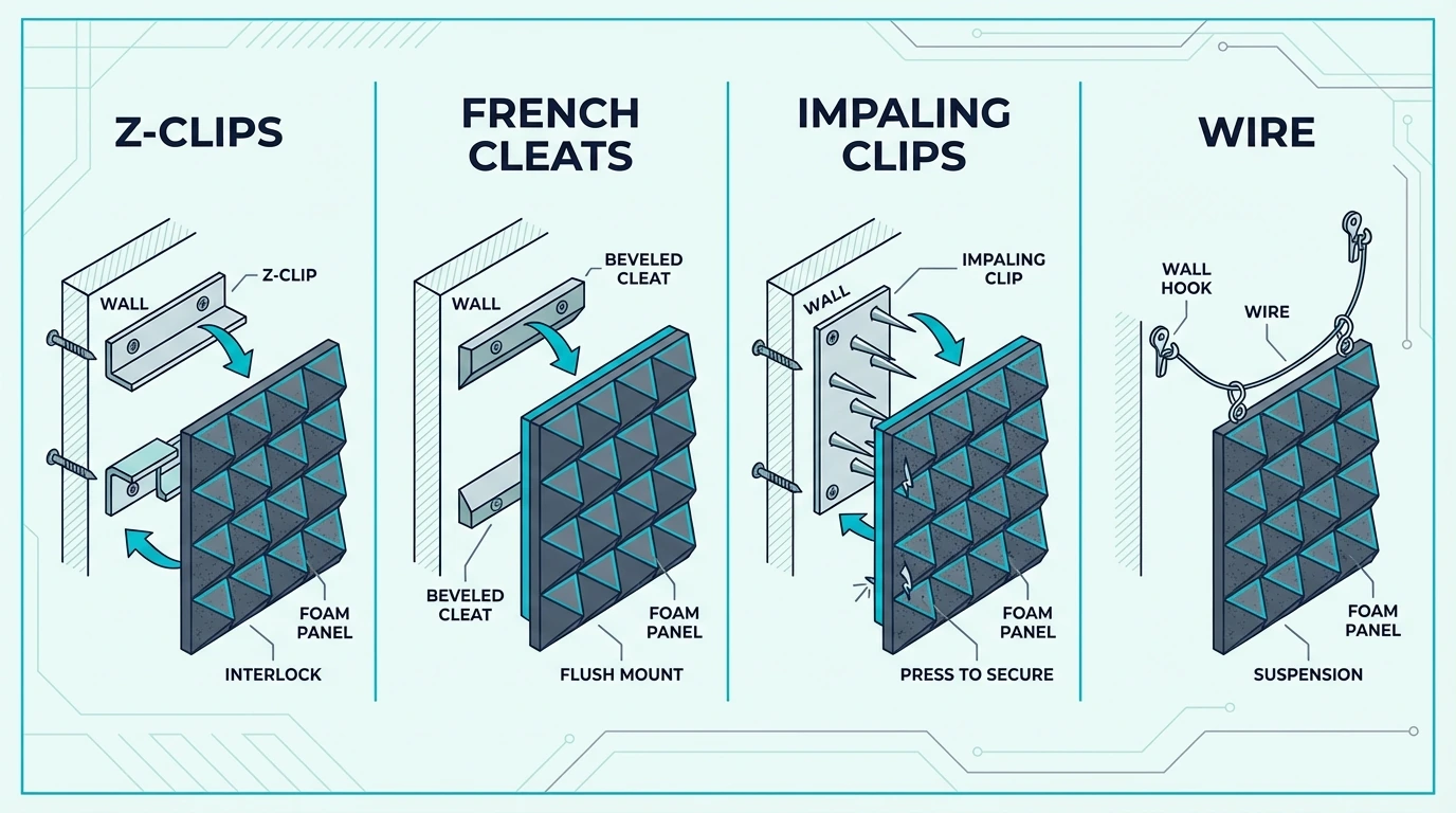 Mounting options for DIY acoustic panels including Z-clips and French cleats
