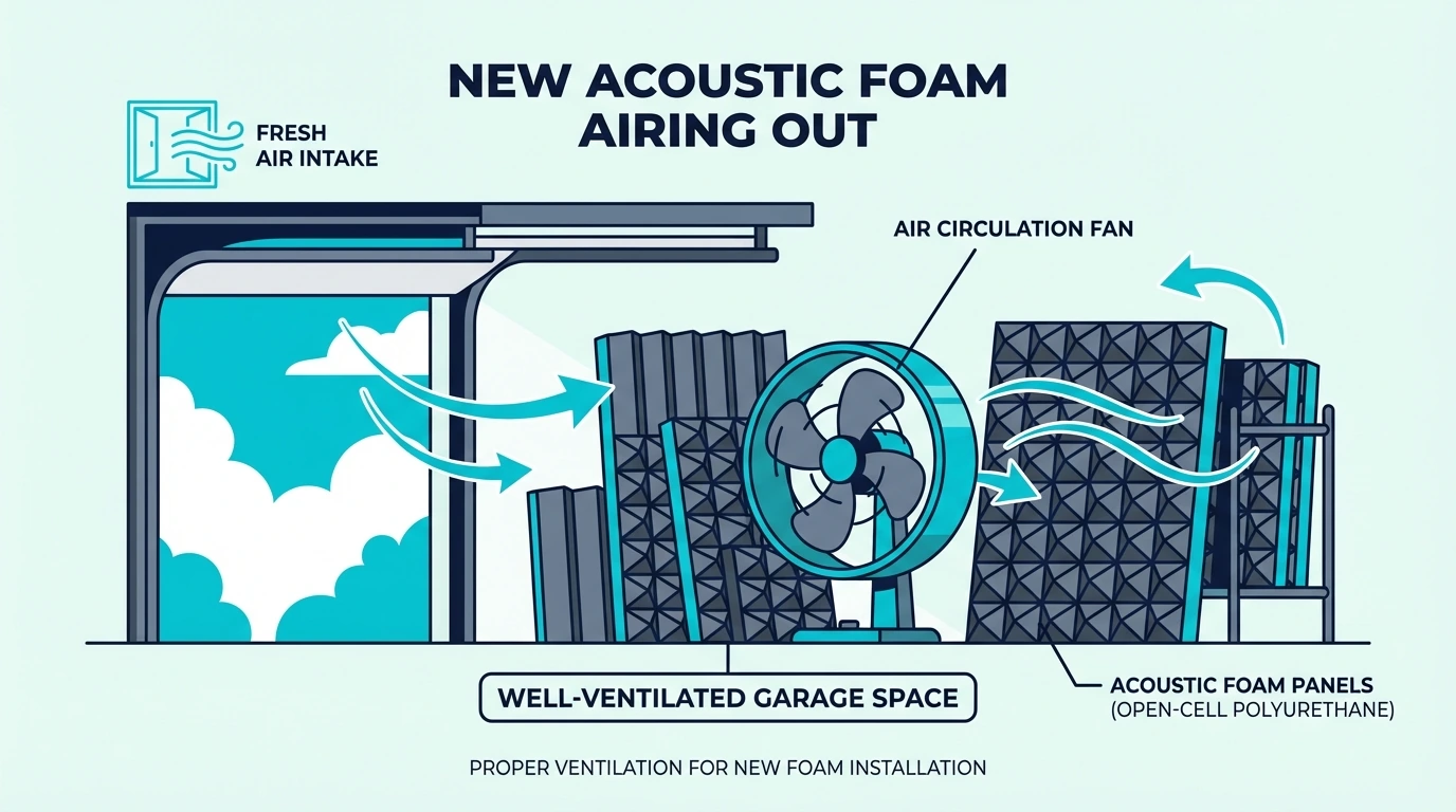 New acoustic foam panels airing out in a ventilated garage