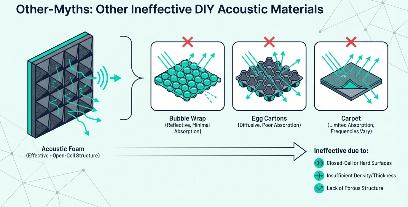 Other ineffective DIY acoustic materials compared with bubble wrap