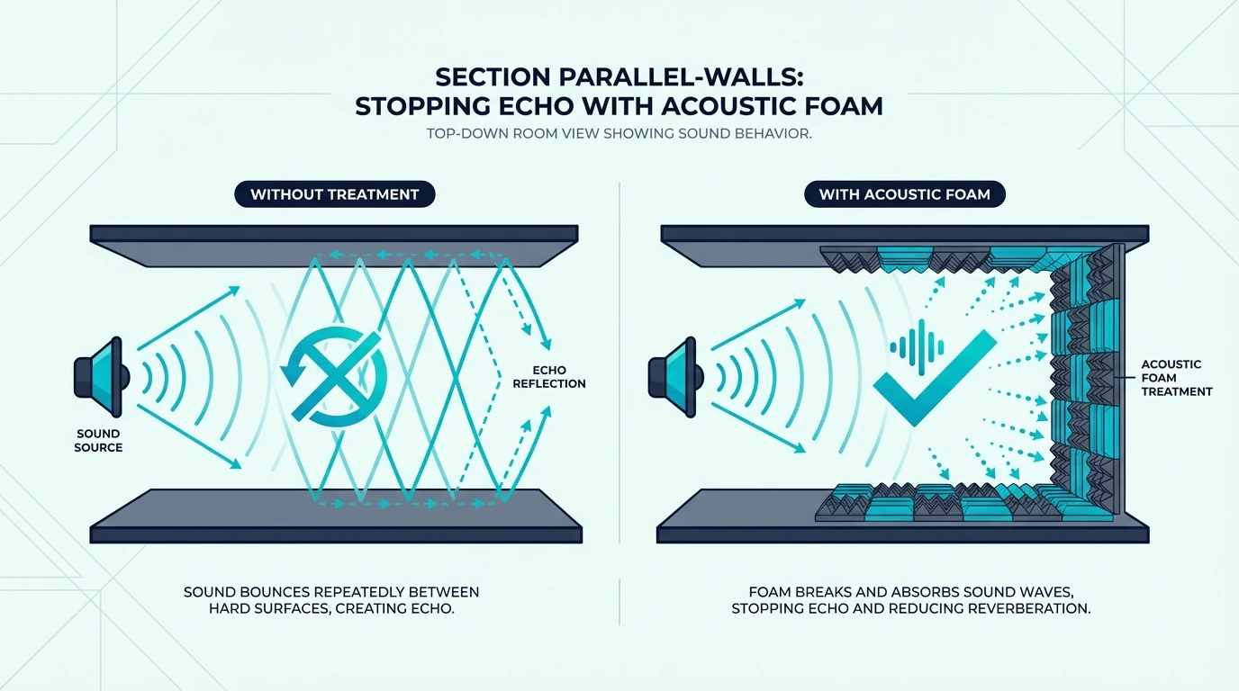 Top-down room view showing parallel wall echoes reduced by foam treatment