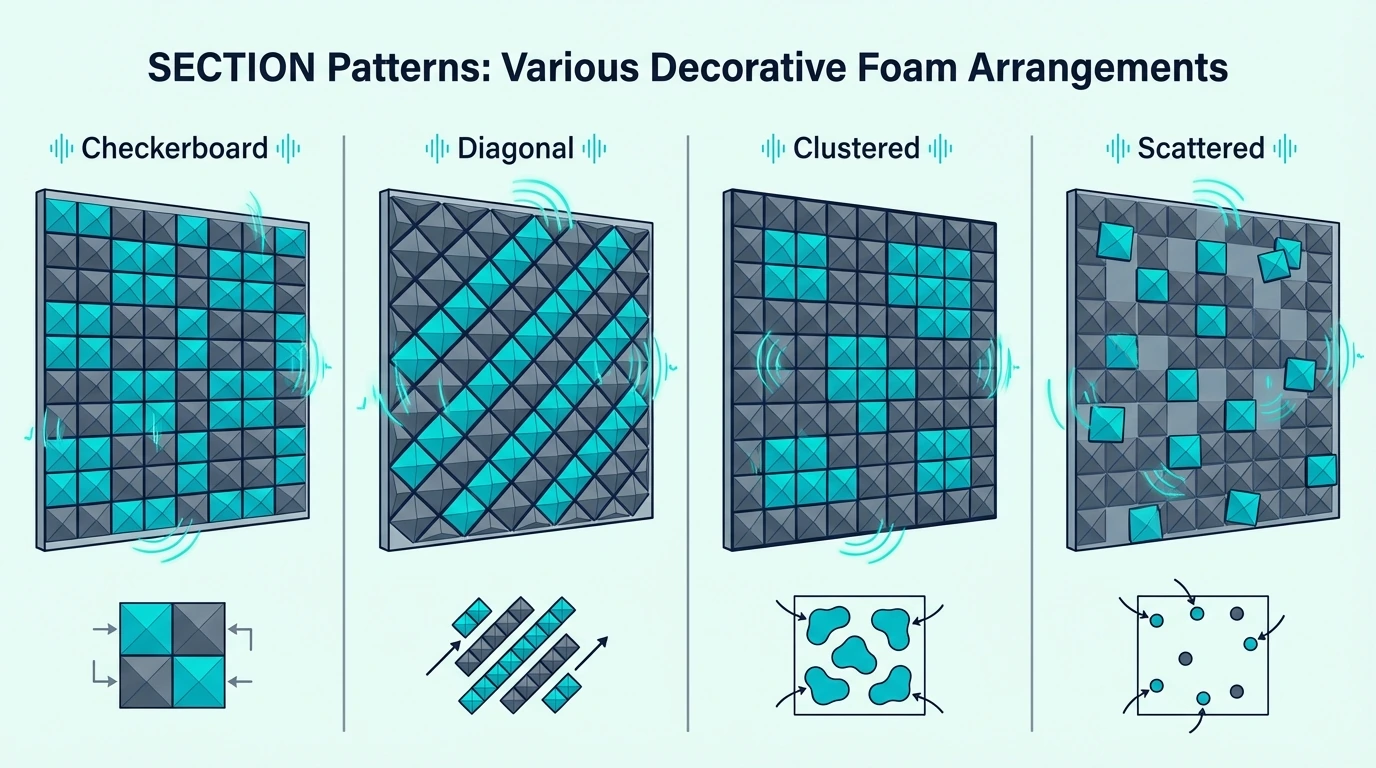 Decorative acoustic foam patterns including checkerboard and diagonal layouts