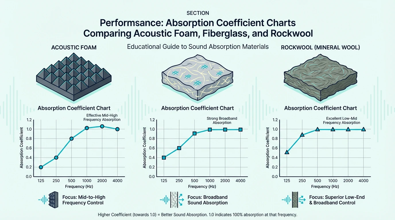 Performance absorption coefficient charts comparing acoustic foam fiberglass and rockwool