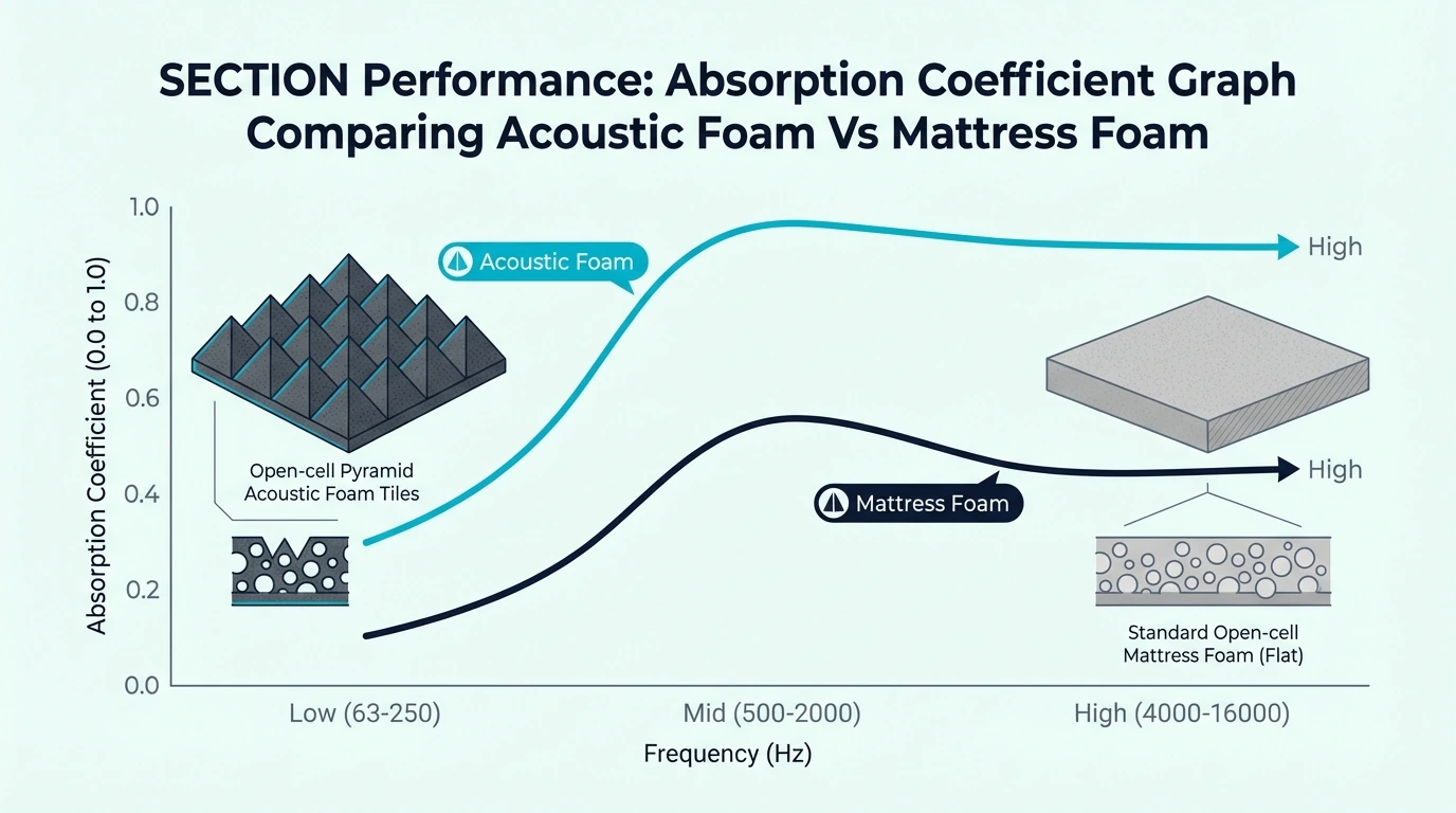 Performance absorption coefficient graph comparing acoustic foam vs mattress foam