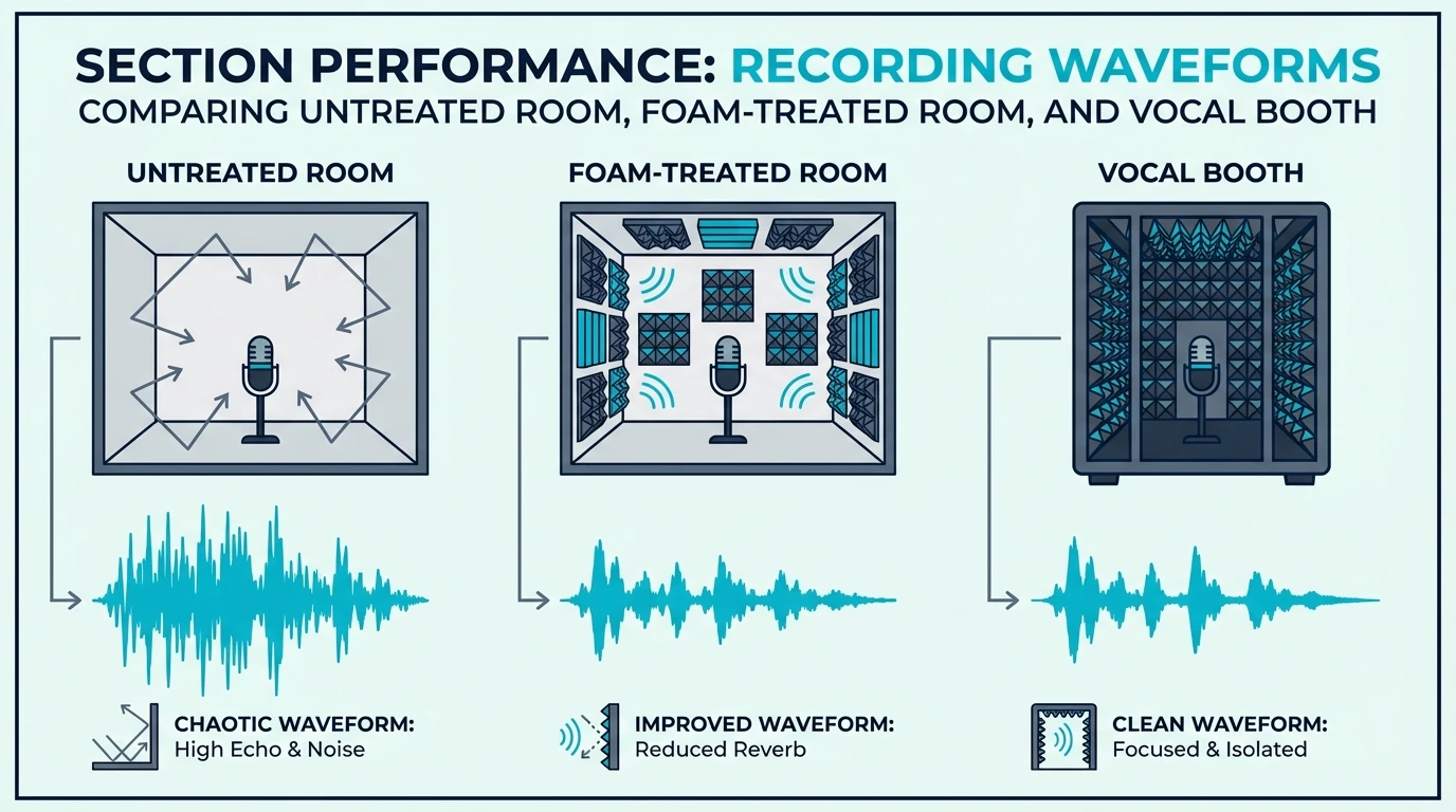 Waveform comparison of an untreated room, foam-treated room, and vocal booth