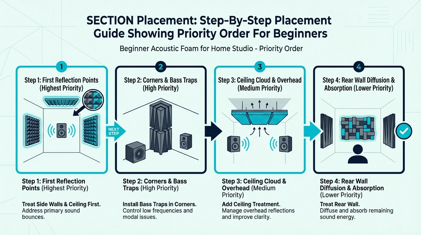 Step-by-step beginner priority order for acoustic foam placement