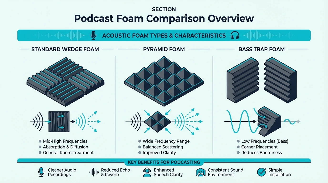 Comparison overview of acoustic foam options for podcasts