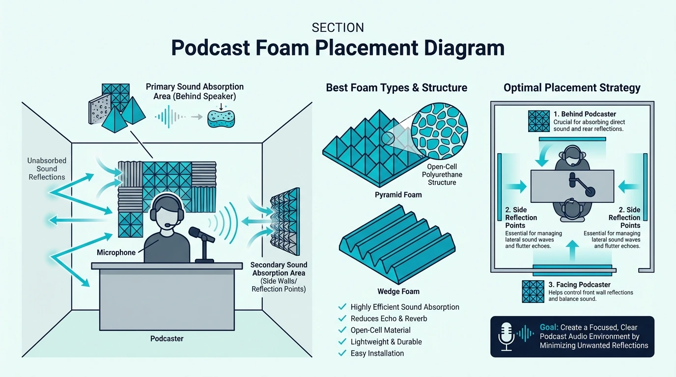 Placement diagram for acoustic foam in a podcast room