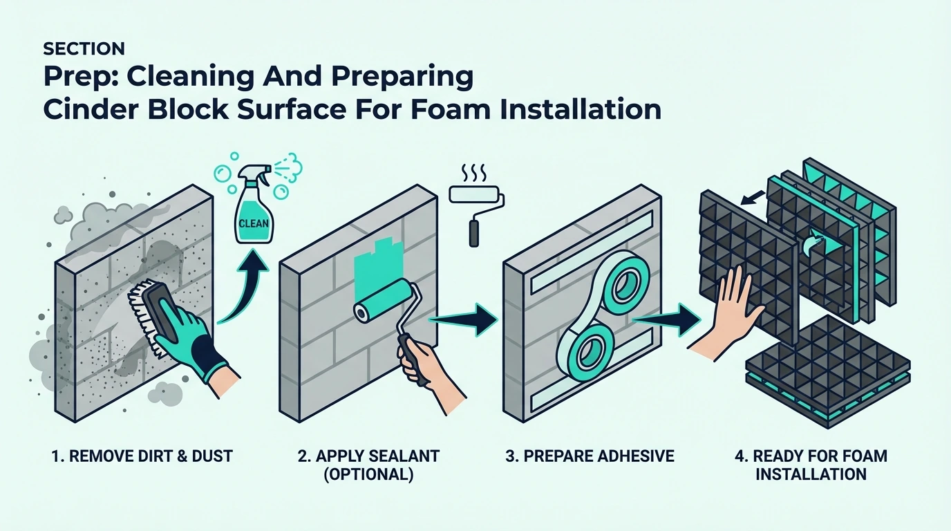 Prep cleaning and preparing cinder block surface for foam installation