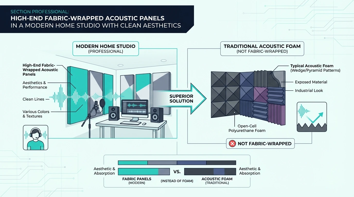 Professional high end fabric wrapped acoustic panels in a modern home studio with clean aesthetics
