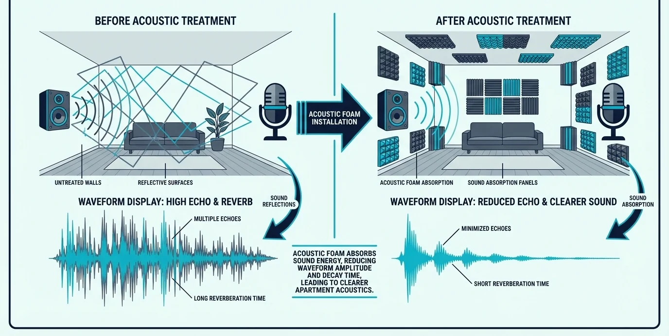 Before-and-after waveform comparison showing reduced apartment room echo