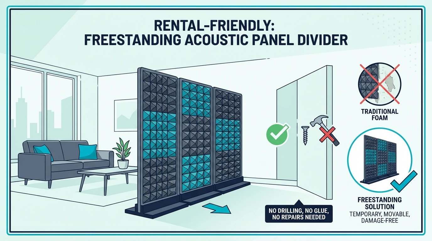 Rental freestanding acoustic panel divider in an apartment setting showing no wall damage