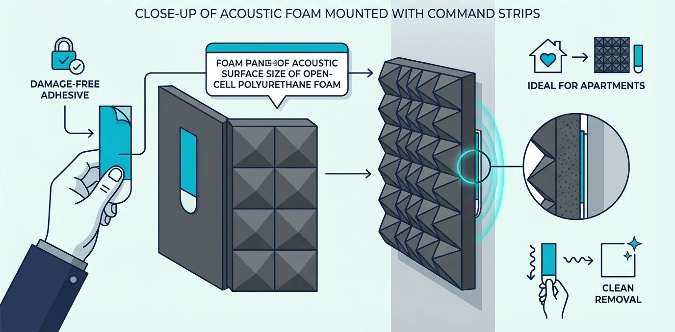 Damage-free acoustic foam mounting with command strips on an apartment wall