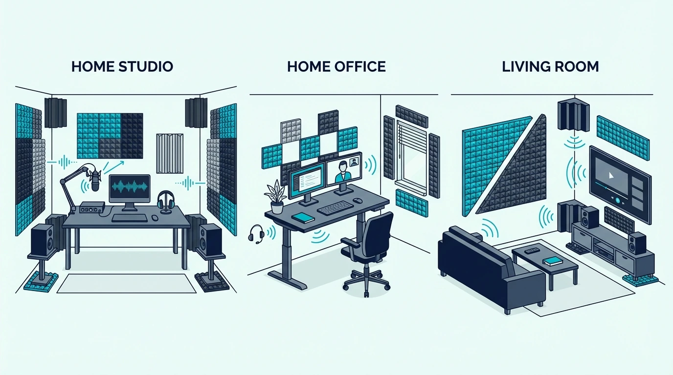 Split image of home studio, office, and living room foam treatment examples