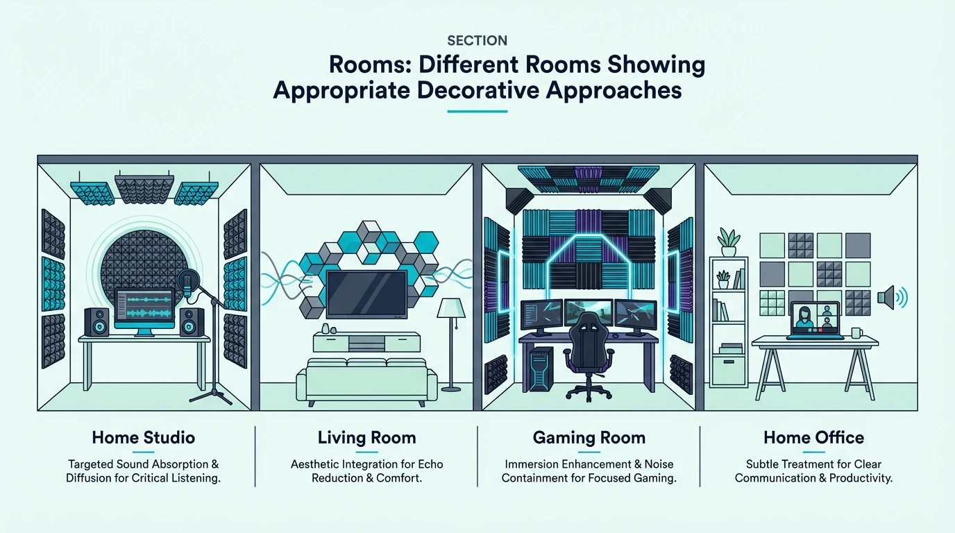 Decorative acoustic foam approaches for different room types