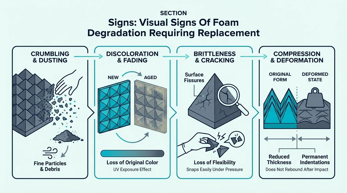 Visual signs of acoustic foam degradation that require replacement