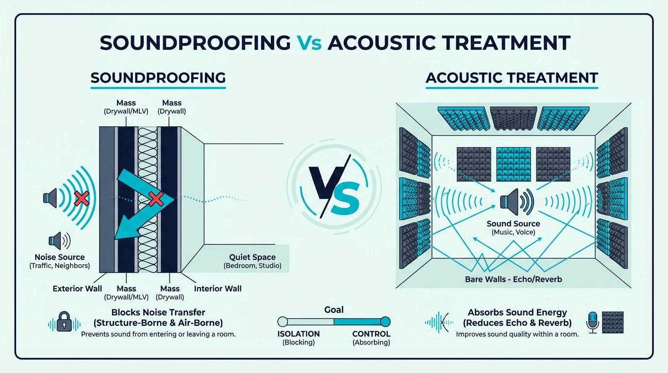 Comparison of soundproofing versus acoustic treatment
