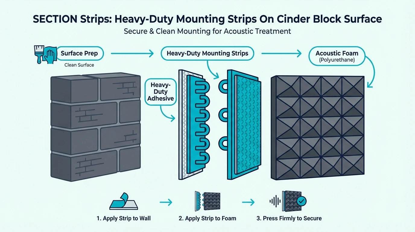 Strips heavy duty mounting strips on cinder block surface