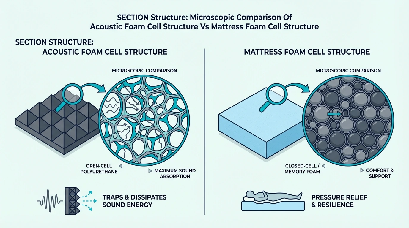 Structure microscopic comparison of acoustic foam cell structure vs mattress foam cell structure