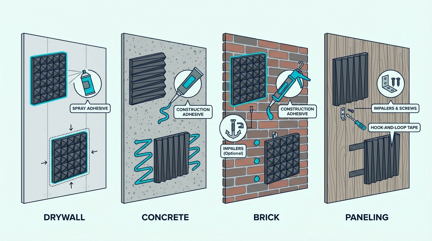 Auralex installation techniques for drywall, concrete, brick, and paneling