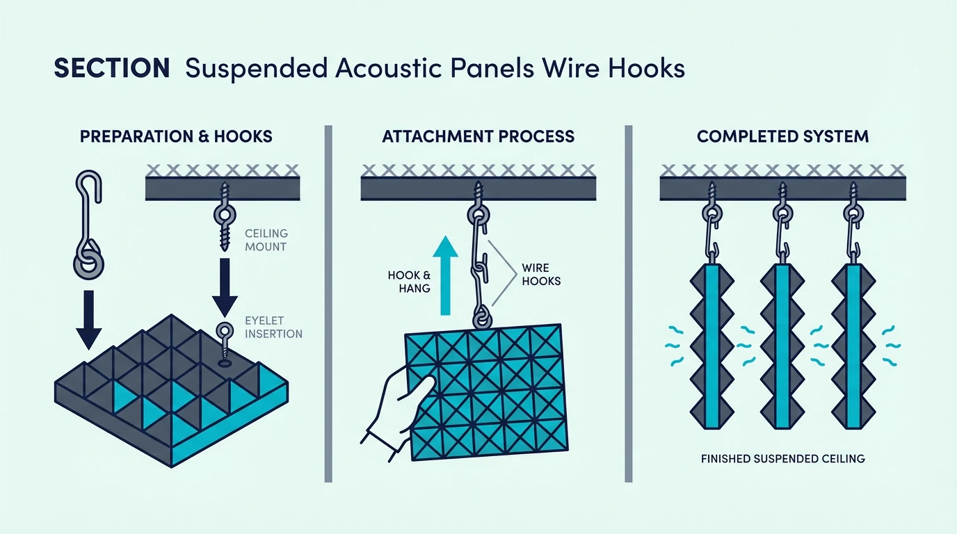 Suspended acoustic panels wire hooks