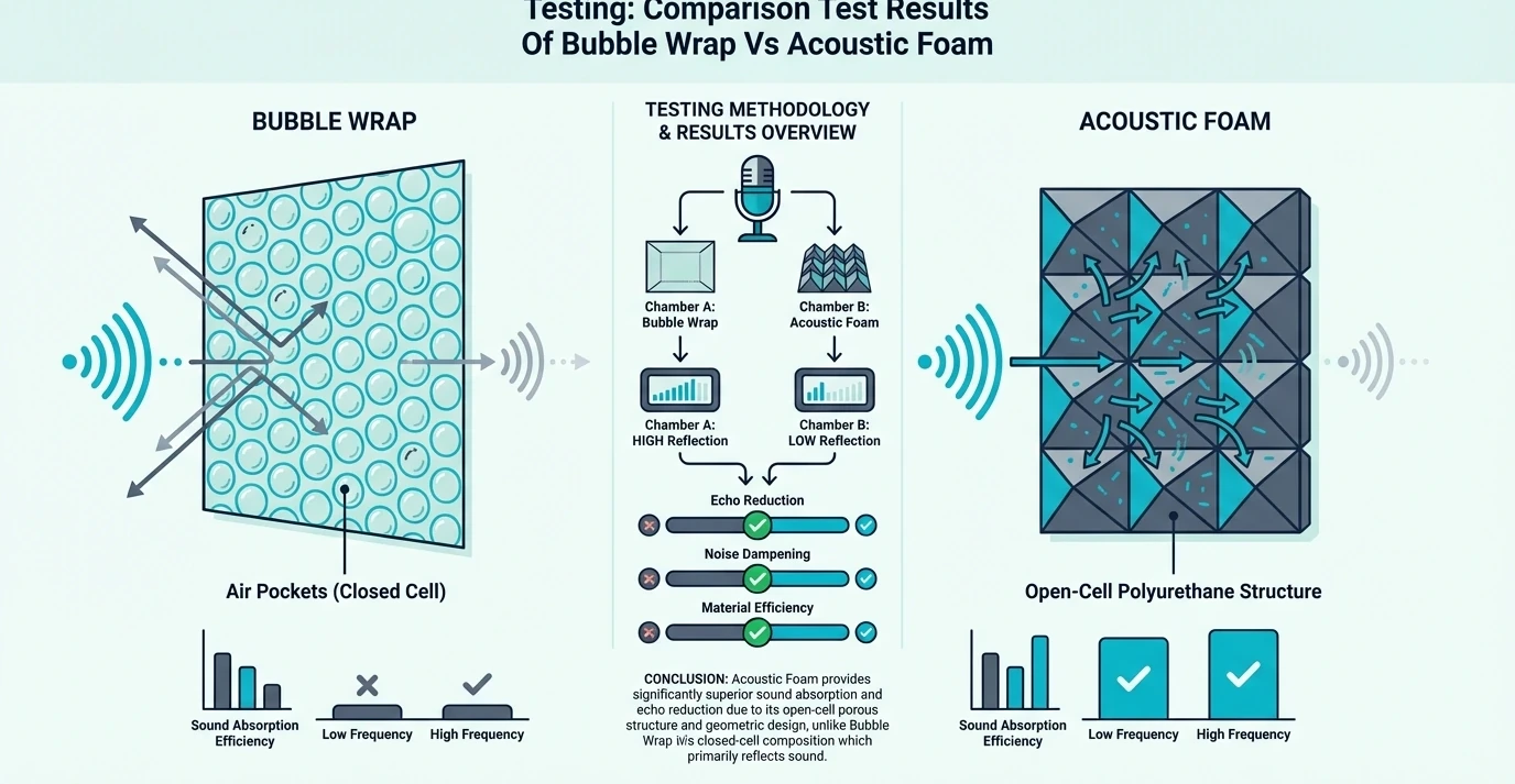 Test results comparing bubble wrap and acoustic foam