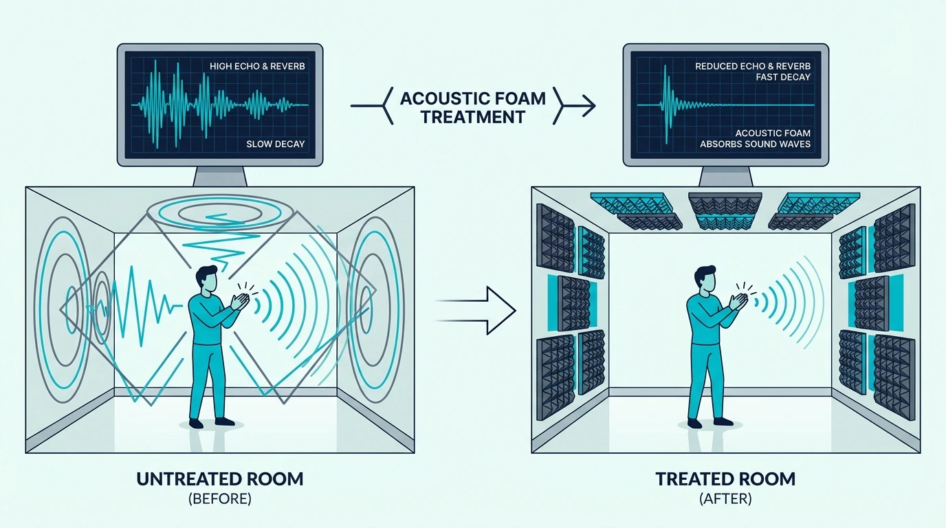 Clap test in a treated room showing before-and-after echo reduction