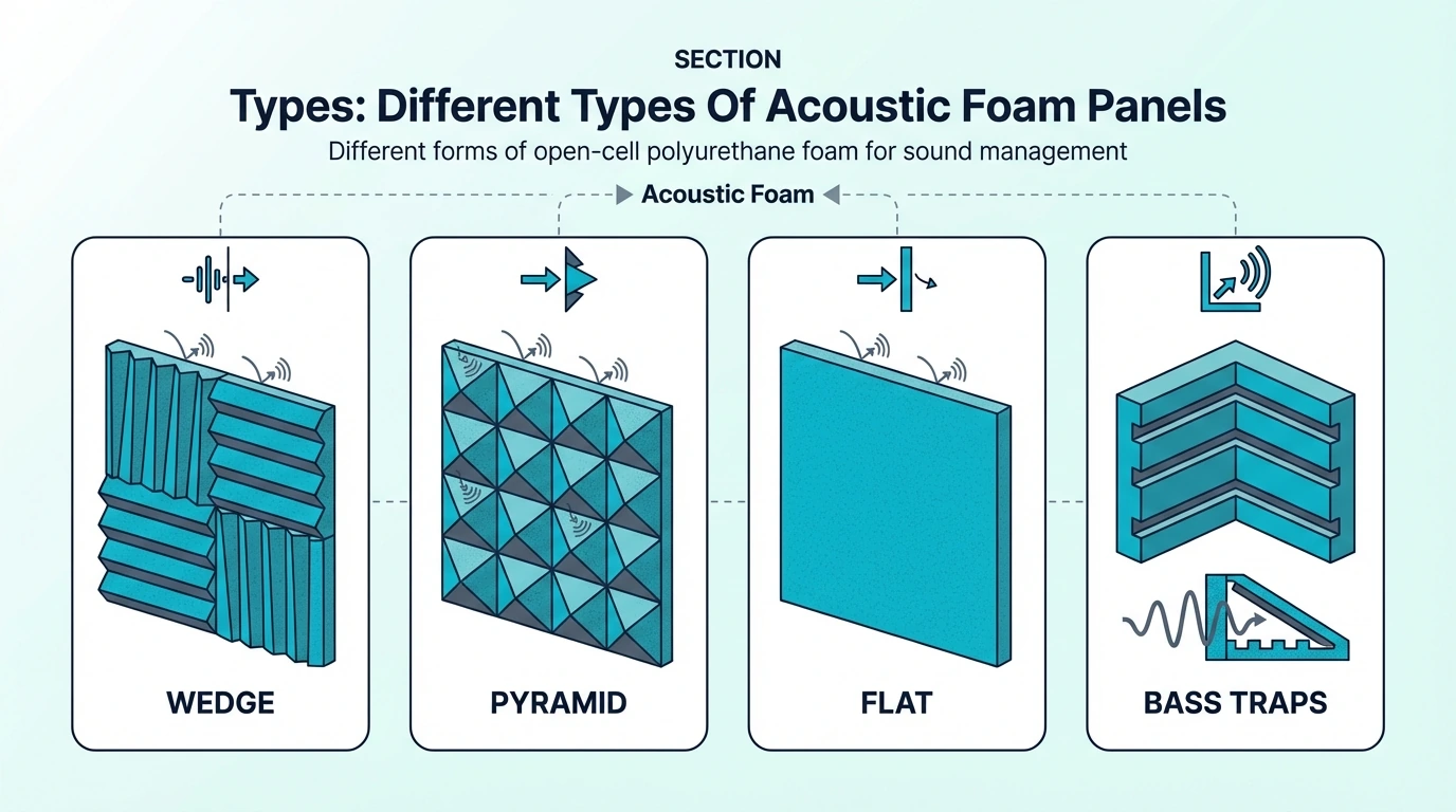 Types of acoustic foam panels including wedge, pyramid, flat, and bass traps