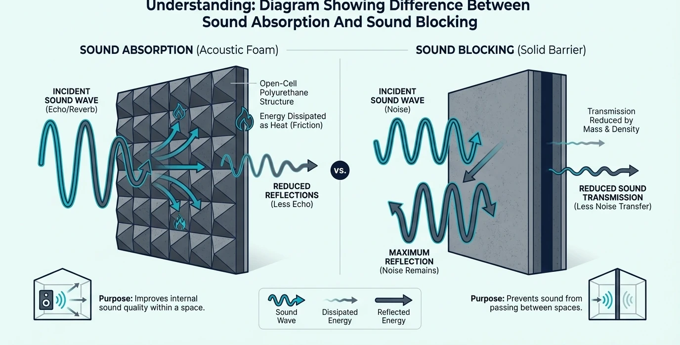 Understanding diagram showing difference between sound absorption and sound blocking