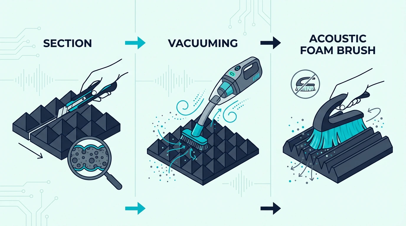 Vacuum brush cleaning dust from acoustic foam