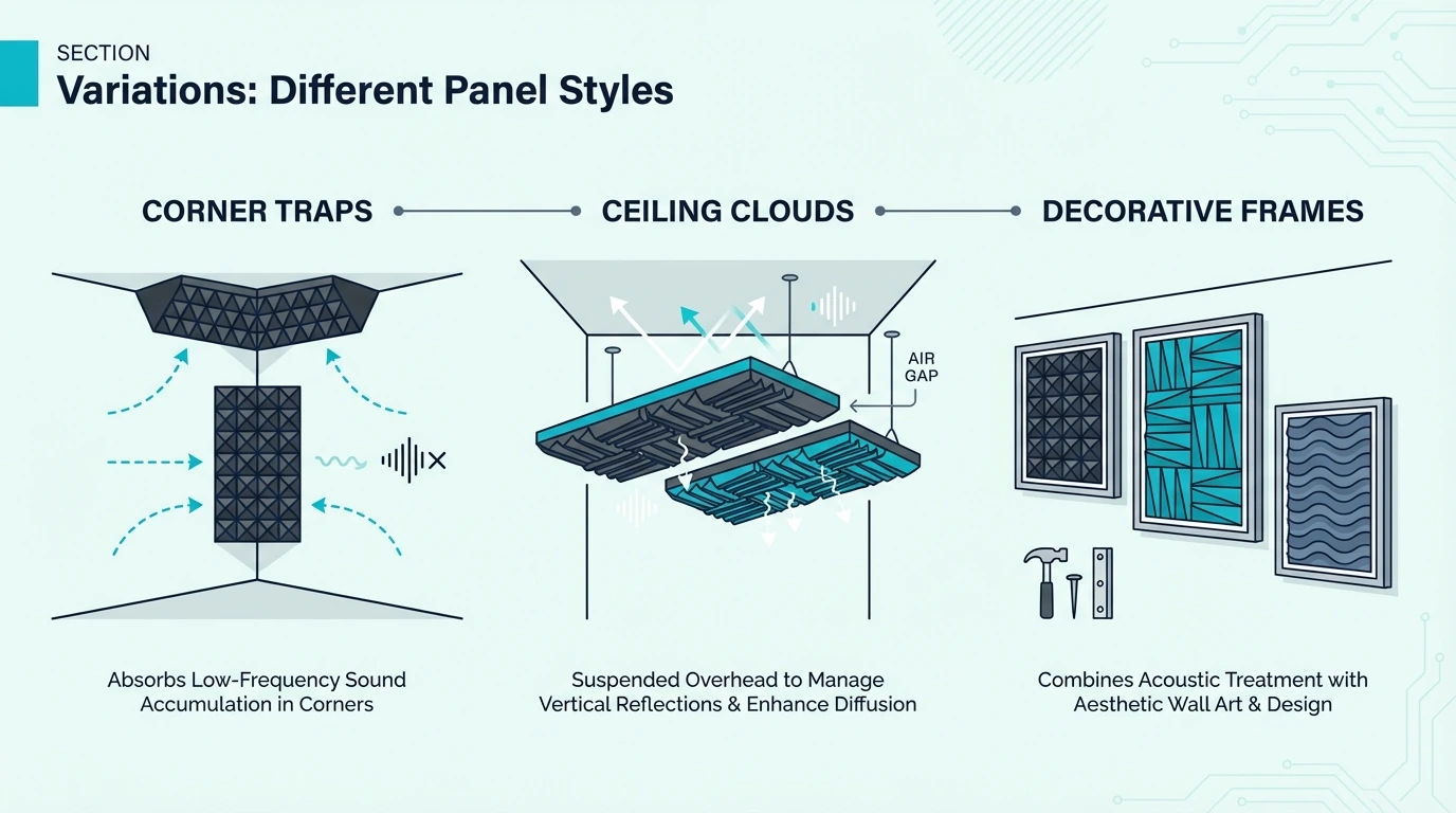 DIY acoustic panel variations including corner traps and ceiling clouds
