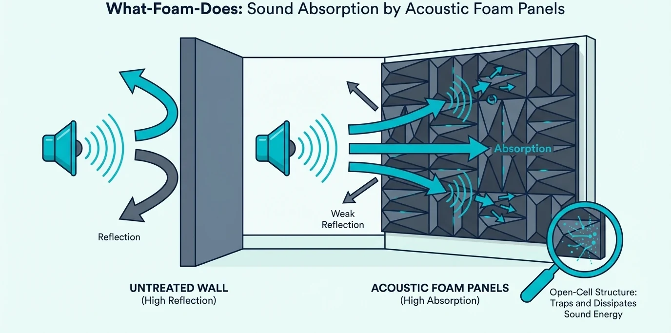 Diagram showing acoustic foam absorbing sound reflections inside an apartment room