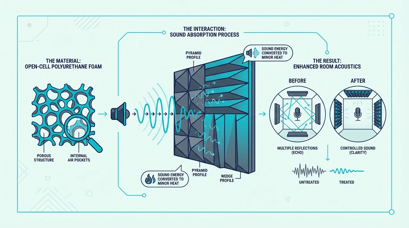Open-cell foam structure absorbing sound waves