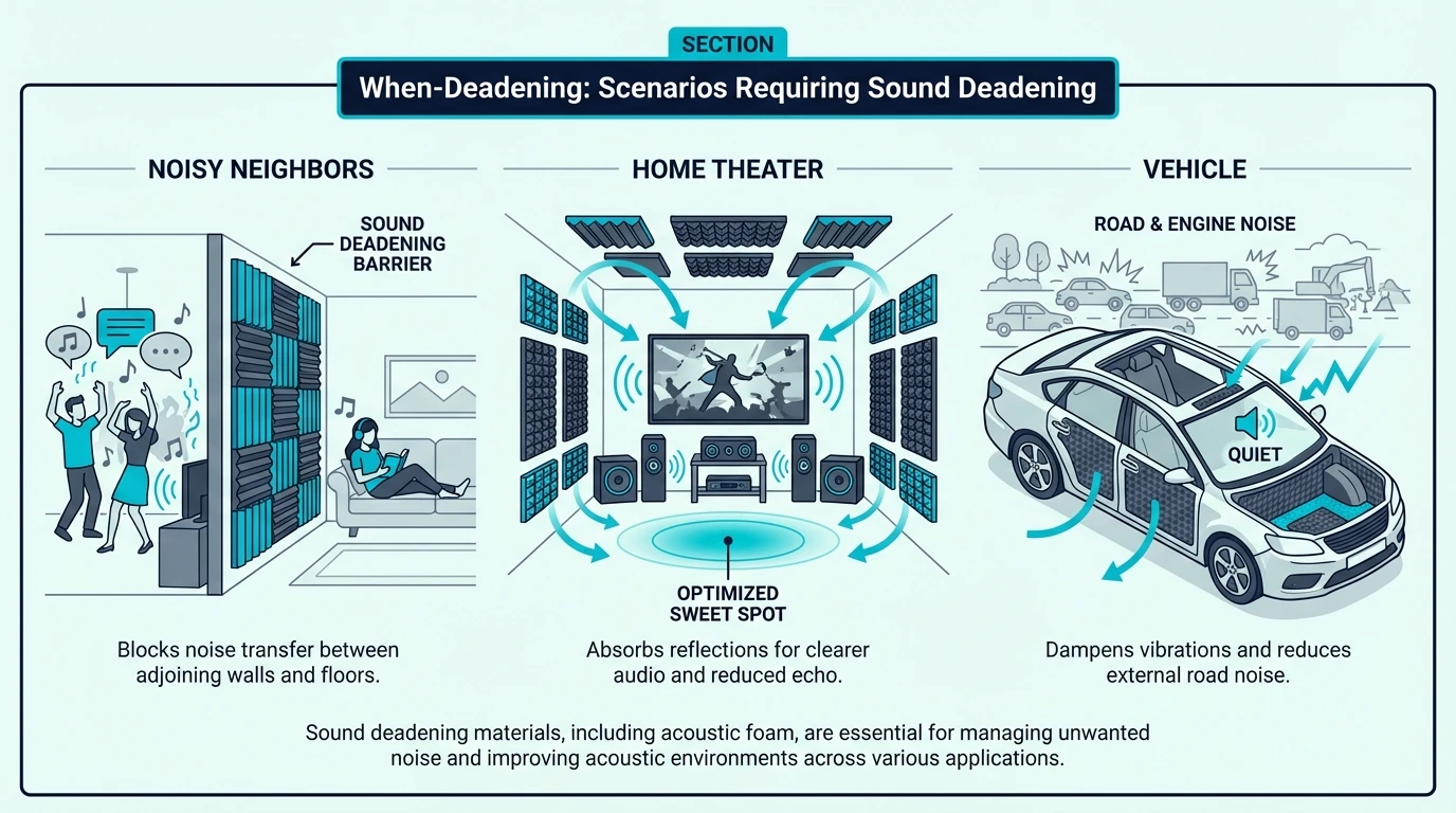 Scenarios where sound deadening is needed for neighbors, theaters, and vehicles