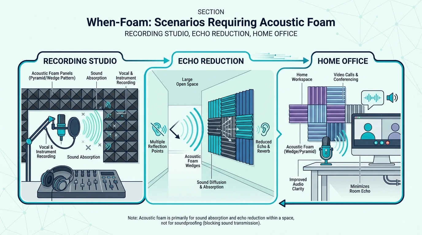 Scenarios where acoustic foam helps with recording, echo, and home office noise