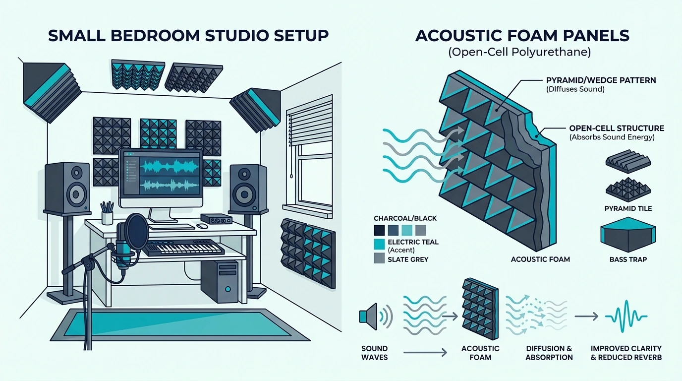 When foam small bedroom studio setup with strategically placed acoustic foam panels