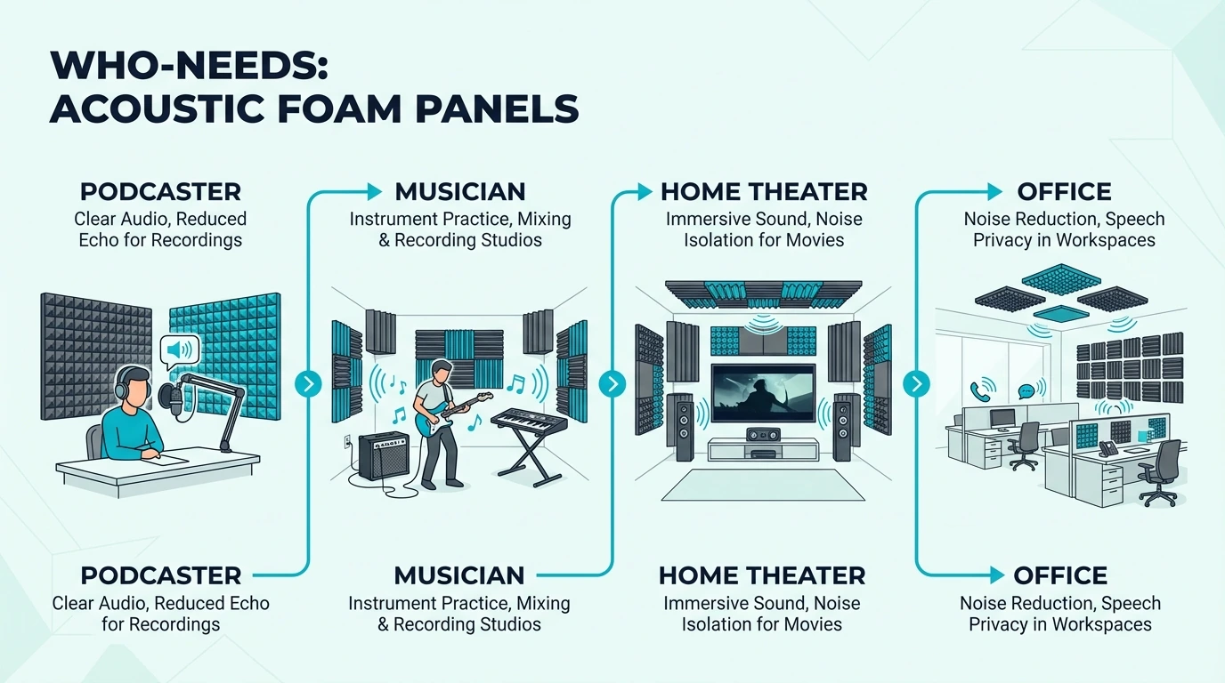 Use cases for acoustic foam including podcasting, music, theater, and offices
