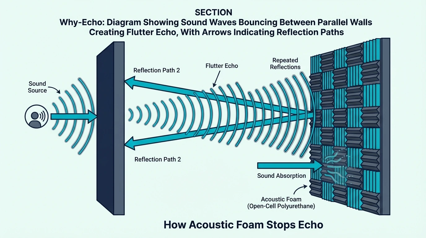 Diagram of sound waves bouncing between parallel walls and creating flutter echo