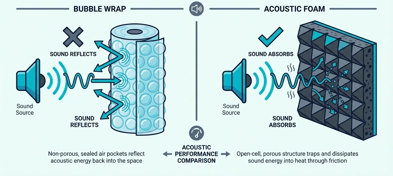 Diagram comparing sound reflecting off bubble wrap with foam absorption