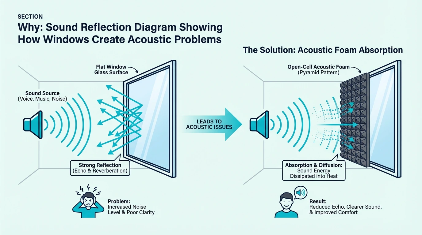 Diagram showing how window reflections create acoustic problems
