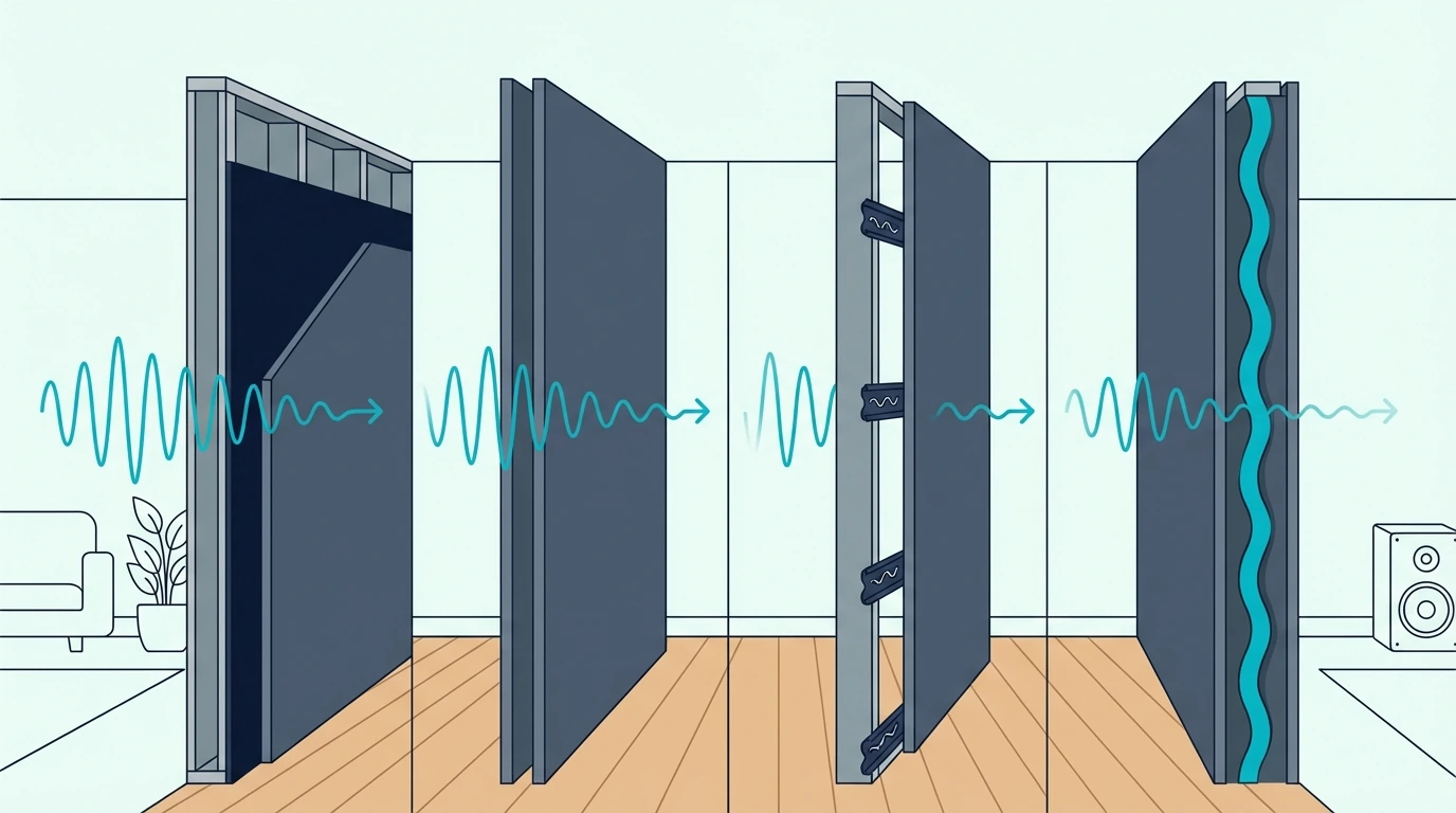 Soundproofing options including MLV, double drywall, and resilient channels