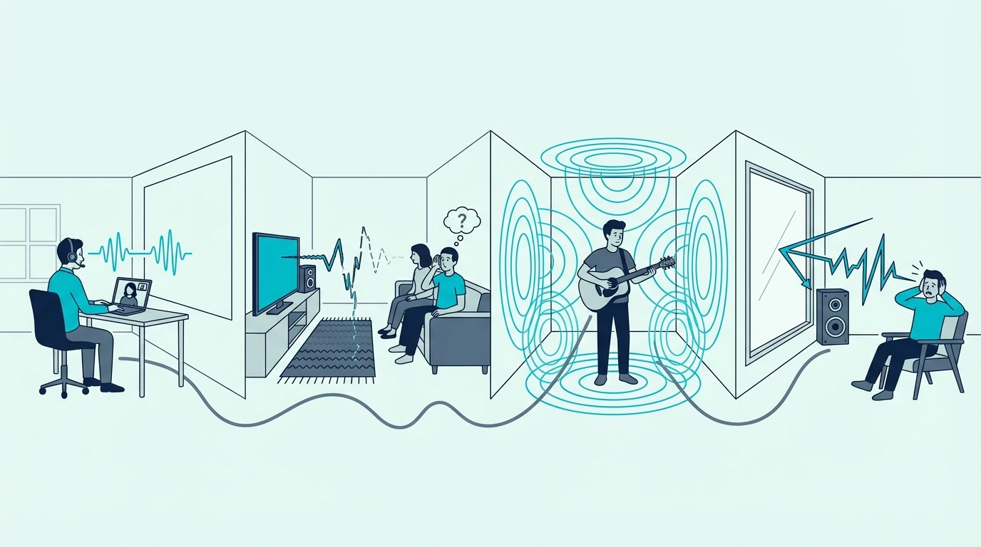 Infographic of acoustic problem signs including echo and harsh reflections