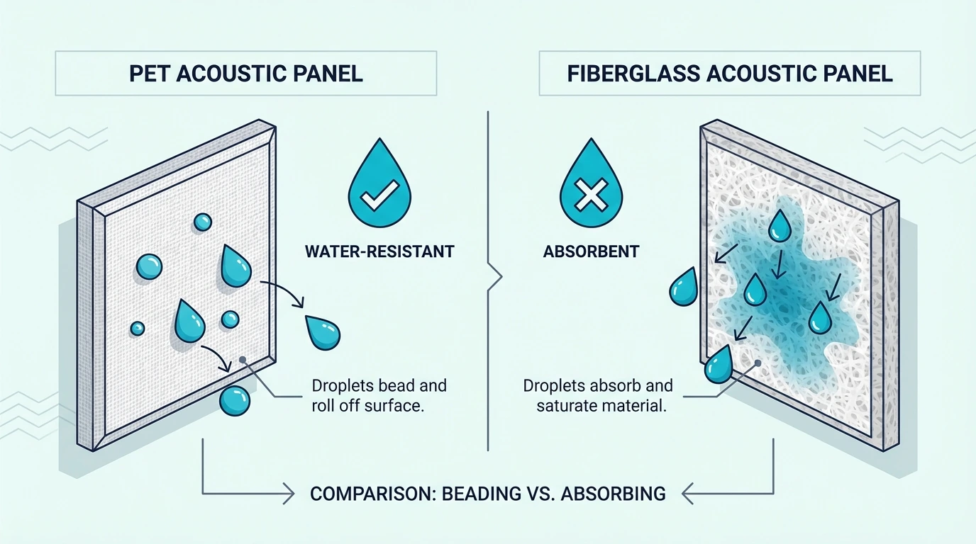 Water droplets beading on a PET panel versus absorbing into fiberglass